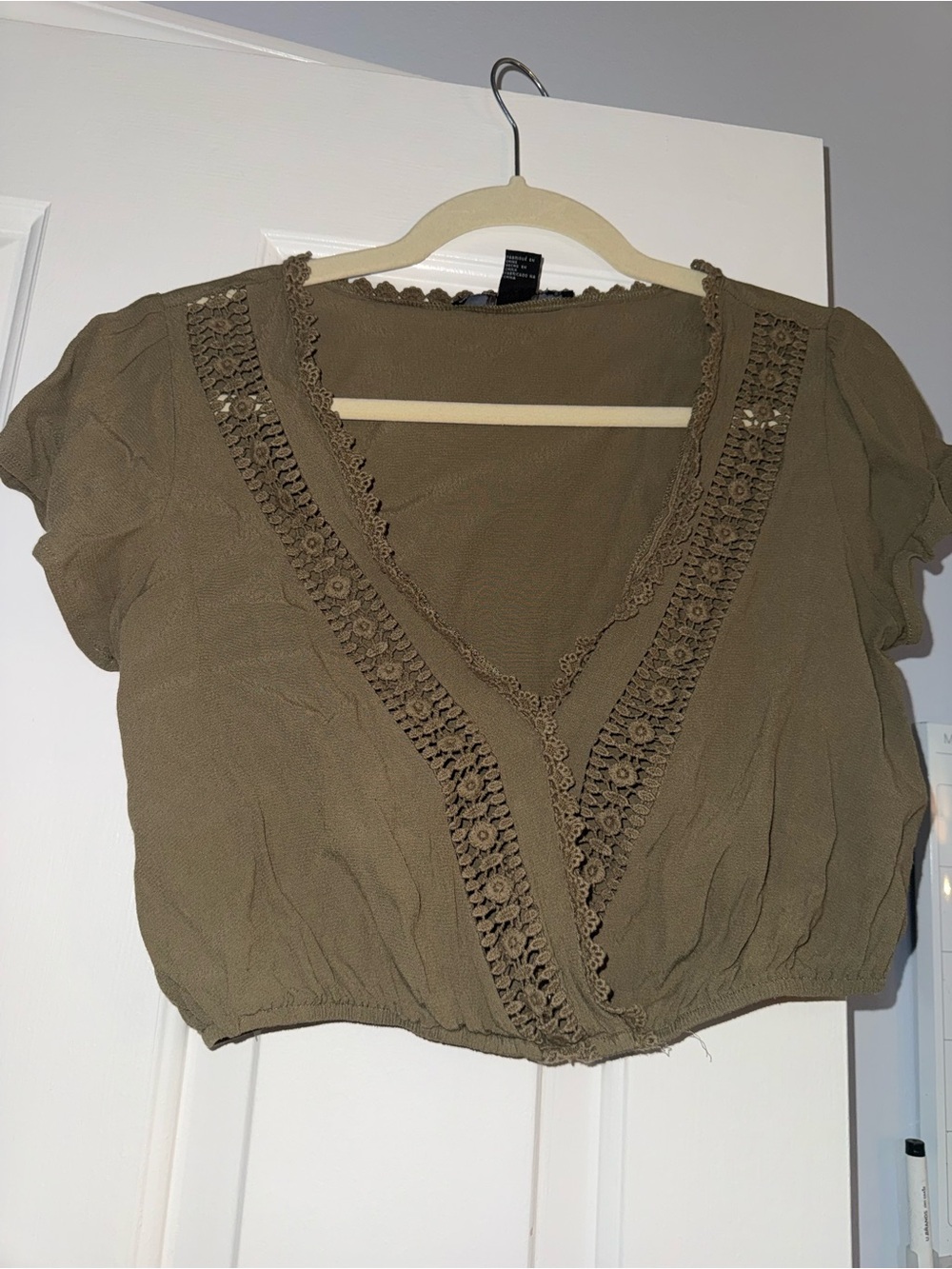 Forever 21 Olive Crochet-Trim Cropped V-Neck Top